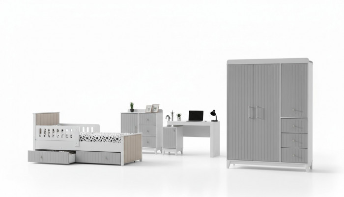 Kinderzimmer-Ensemble: Kommode, Kleiderschrank, Bett & Schreibtisch