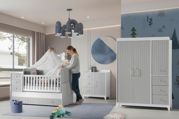 Komplett-Set für Kinderzimmer: Kommode, Kleiderschrank, Kinderbett Grau Farbe