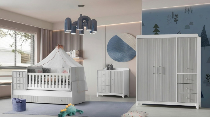 Komplett-Set für Kinderzimmer: Kommode, Kleiderschrank, Kinderbett Grau Farbe