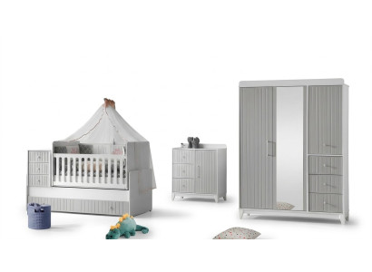 Komplett-Set für Kinderzimmer: Kommode, Kleiderschrank, Kinderbett Grau Farbe