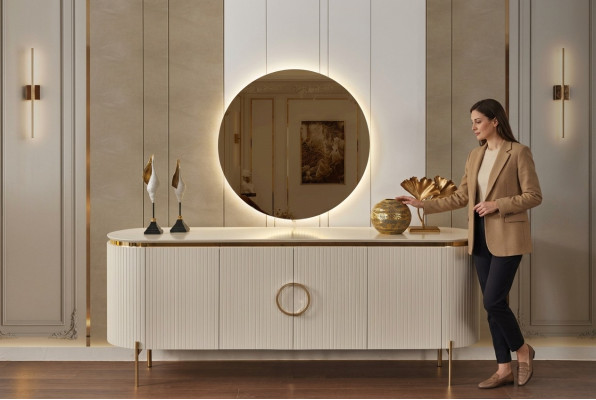 Besteht aus Esszimmer Set Besteht aus Beige Farbe Anrichte und Spiegel
