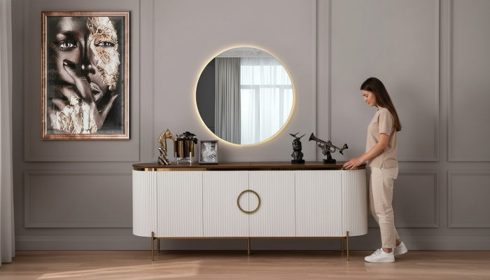 Esszimmer Set Besteht aus Anrichte und Spiegel Beige mit Gold Elemente
