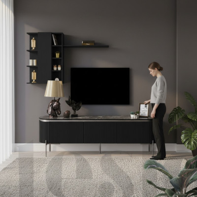  Wohnzimmer Set Besteht aus Schwarz TV Lowboard und Wandschrank 2tlg.