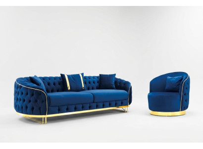 Designer Blau Farbe Wohnzimmer Set aus 3-Sitzer Sofa und Sessel 2tlg.
