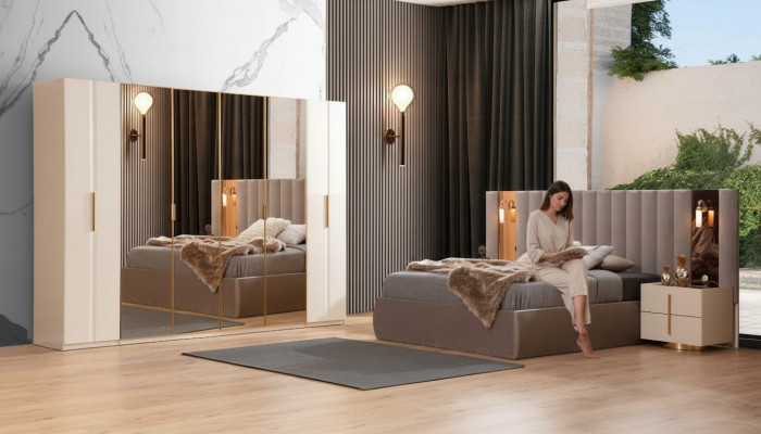 Beige Schlafzimmer Garnitur Designer Bett Kleiderschrank 2x Nachttische