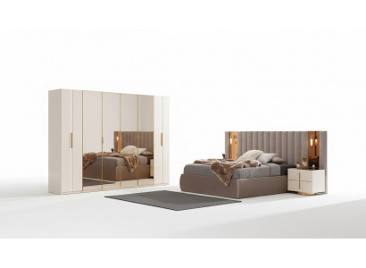 Beige Schlafzimmer Garnitur Designer Bett Kleiderschrank 2x Nachttische