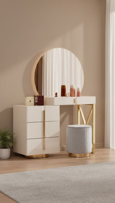 Beiger Schminktisch Edelstahl Möbel Schlafzimmer Sitzhocker 2tlg Set