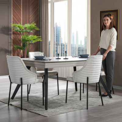 Weiße Esszimmer Garnitur Luxuriöse 6x Polsterstühle Rechteckiger Tisch