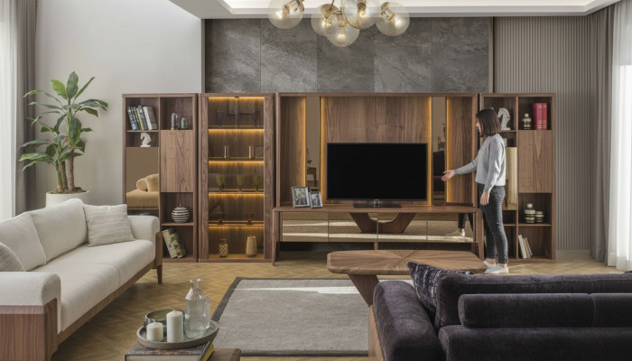 Moderne Braune Wohnwand Wohnzimmer Holzwand Mux LED-Regalen Wohnwände