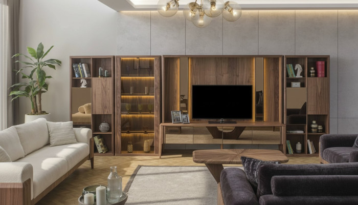 Moderne Braune Wohnwand Wohnzimmer Holzwand Mux LED-Regalen Wohnwände
