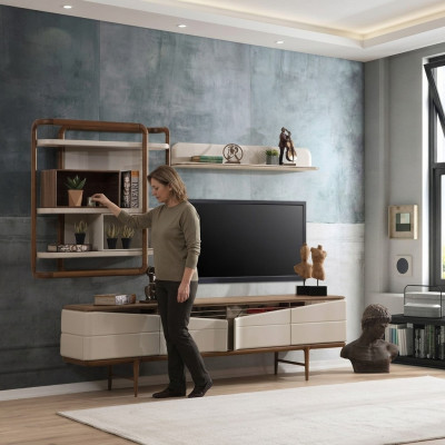 Beige Wohnzimmer Garnitur RTV-Lowboard 2x Regale Holz Designer Möbel