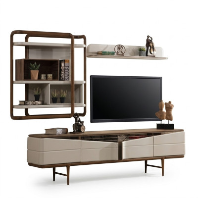 Beige Wohnzimmer Garnitur RTV-Lowboard 2x Regale Holz Designer Möbel