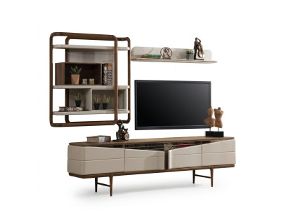 Beige Wohnzimmer Garnitur RTV-Lowboard 2x Regale Holz Designer Möbel