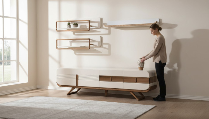 Weiße Wohnzimmer Wohnwand Designer Lowboard 2x Regale Holz Möbel 4tlg
