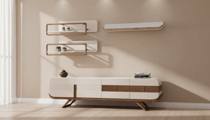 Weiße Wohnzimmer Wohnwand Designer Lowboard 2x Regale Holz Möbel 4tlg