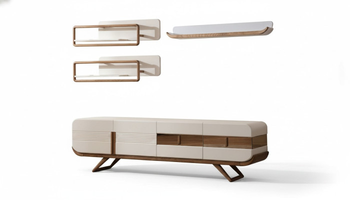 Weiße Wohnzimmer Wohnwand Designer Lowboard 2x Regale Holz Möbel 4tlg