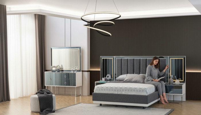 Moderne Grau-Weiße Schlafzimmer Möbel Holz Nachttische Doppelbett 5tlg