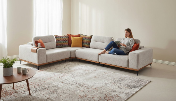 Weißes Ecksofa Moderne L-Form Couch Wohnzimmer Polstersofas Holzgestell