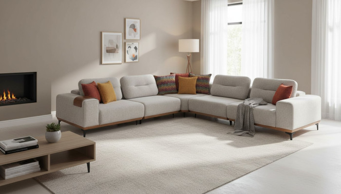 Weißes Ecksofa Moderne L-Form Couch Wohnzimmer Polstersofas Holzgestell