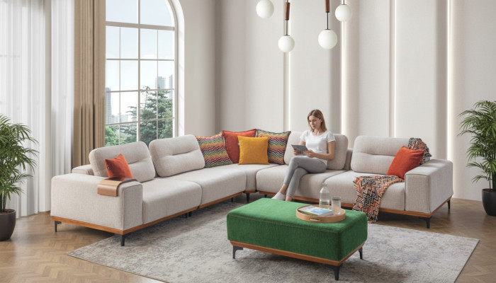 Designer Wohnzimmer Set Besteht aus 2tlg. Ecksofa L-form und Hocker