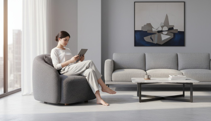 Grauer Sessel Relaxsessel Lounge Sessel Textil Polster Einsitzer Möbel