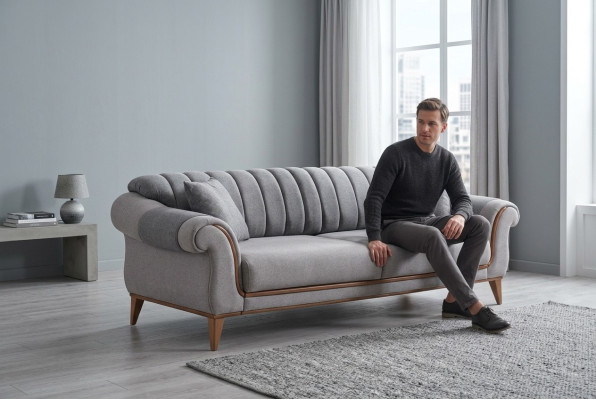 Graues Sofa Designer Wohnzimmer 3-Sitzer Holzgestell Textil Couchen