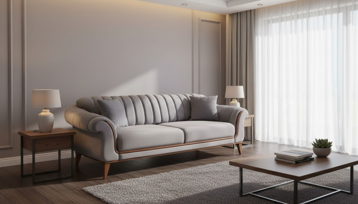 Graues Sofa Designer Wohnzimmer 3-Sitzer Holzgestell Textil Couchen