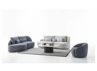 Grau-weiße Wohnzimmer Garnitur 3+3 Sitzer Designer Textilsessel 3tlg