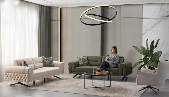 Dunkelgrüne Wohnzimmer Exklusive Couchgarnitur 2x 3-Sitzer Einsitzer Sofa