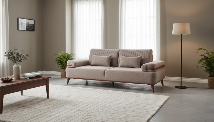 Designer Beiges 3-Sitzer Sofa Wohnzimmer Holzgestell Luxuriöse Couch
