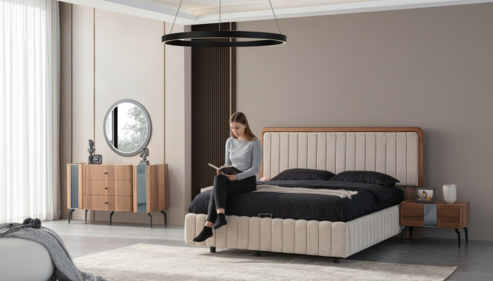 Helle Schlafzimmer Möbel Doppelbett Schminktisch Spiegel 2x Nachttische