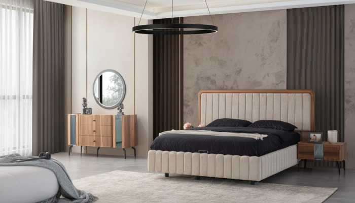 Helle Schlafzimmer Möbel Doppelbett Schminktisch Spiegel 2x Nachttische