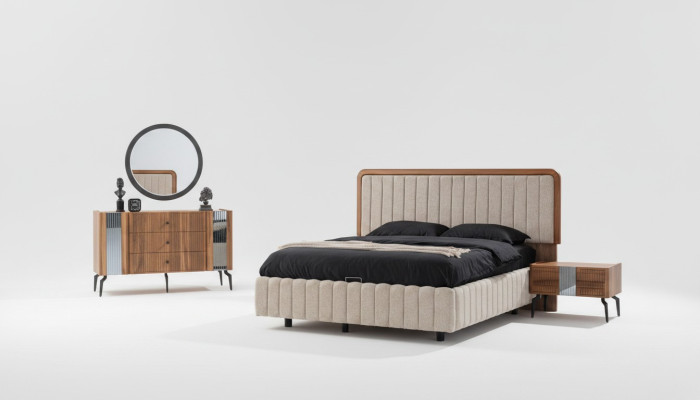 Helle Schlafzimmer Möbel Doppelbett Schminktisch Spiegel 2x Nachttische