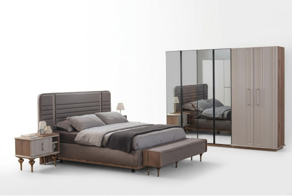 Exklusives Schlafzimmer Bett Glasschrank Holz Nachttische 4tlg Luxus Set