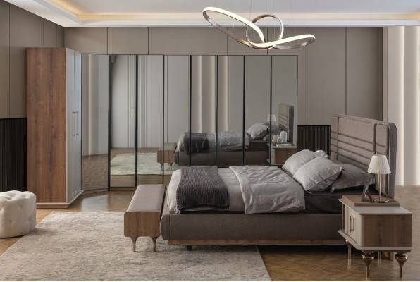 Designer Schlafzimmer Set Doppelbett 2x Nachttische Eckschrank 4tlg