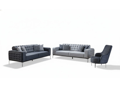 Chesterfield Graue Sofagarnitur Wohnzimmer Couchen Dreisitzer+Sessel