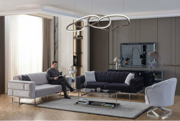 Graue Wohnzimmer Couchen Designer Polster Dreisitzer Textil Sessel 3tlg