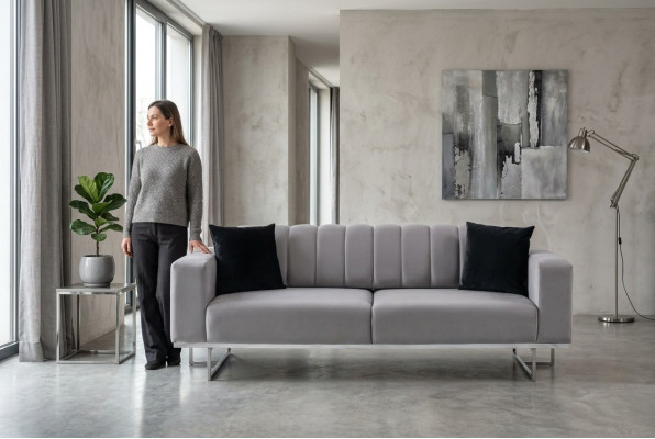 Hellgrauer Polster Dreisitzer Luxus Sofas Wohnzimmer Stilvolle Couchen