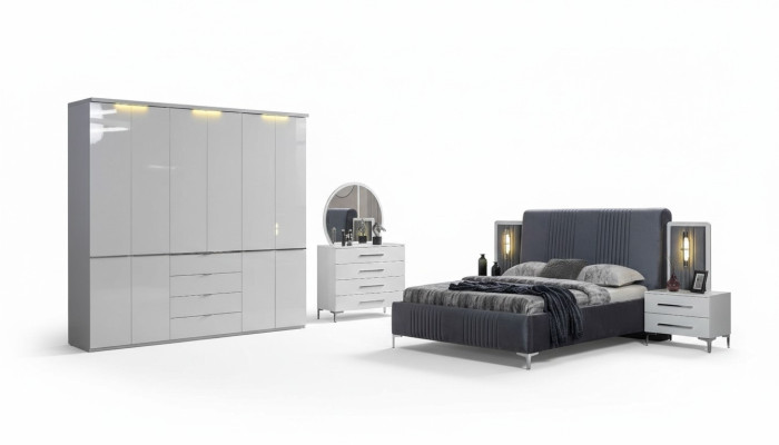 Weiße Schlafzimmer Möbel Textilbett Großer Kleiderschrank Nachttische