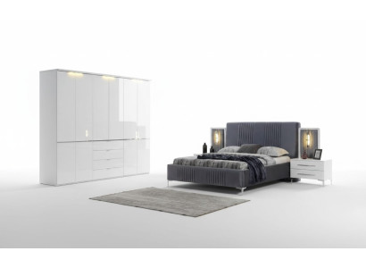 Weiß-Graue Schlafzimmer Möbel Textilbett Nachttisch Kleiderschrank 4tlg