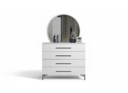 Viertürige Weiße Schlafzimmer Kommode Designer Glas Rundspiegel 2tlg Set