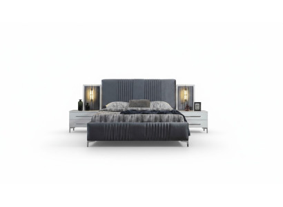 Modernes Graues Doppelbett 2x Holz Nachttische Schlafzimmer Garnitur