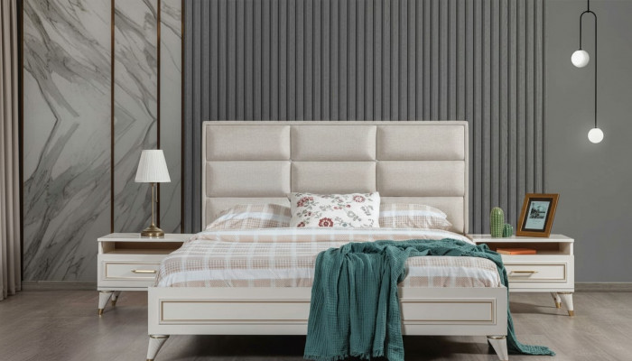 Weiße Schlafzimmer Garnitur Polster Doppelbett 2x Holz Nachttische 3tlg