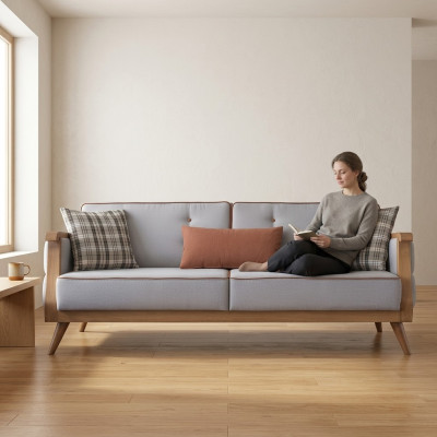 Blaues Stoffsofa Wohnzimmer Dreisitzer Polster Möbel Holzgestell Couch