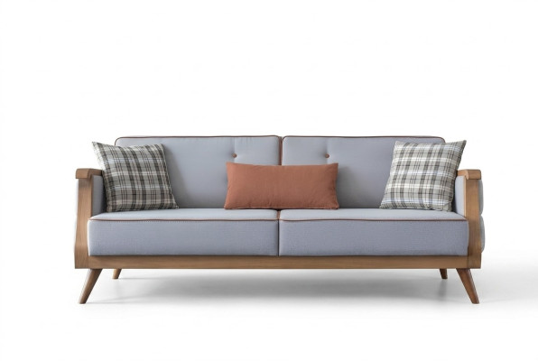 Blaues Stoffsofa Wohnzimmer Dreisitzer Polster Möbel Holzgestell Couch