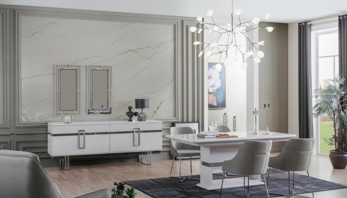 Design Esszimmer Set Esstisch + 4x Stühle + Anrichte mit 2x Spiegel 8 tlg