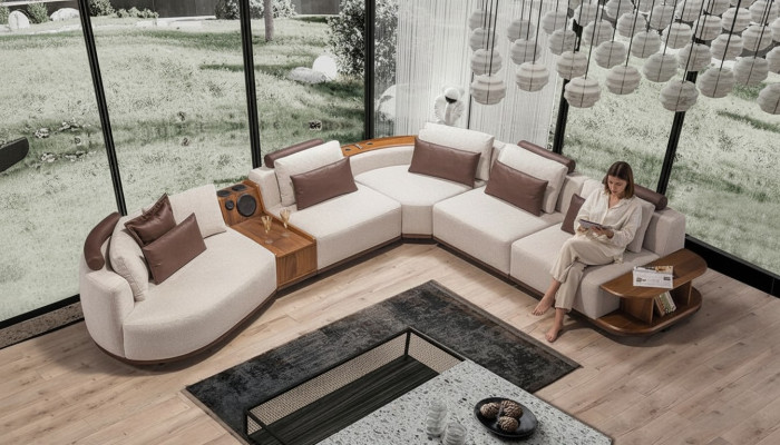 Beiges Wohnzimemr Ecksofa Exklusive L-Form Couch Modernes Holzgestell