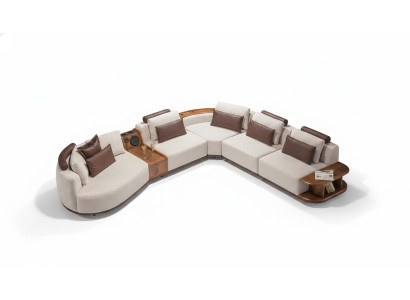 Beiges Wohnzimemr Ecksofa Exklusive L-Form Couch Modernes Holzgestell