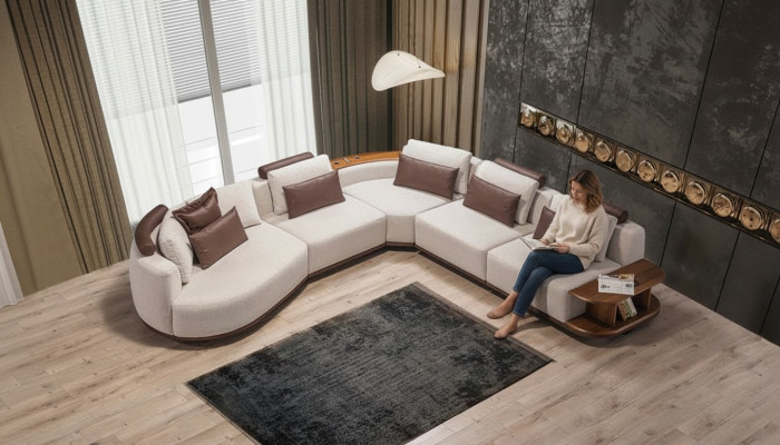 Weißes Ecksofa Designer Wohnzimmer L-Form Couch Polstermöbel Holzgestell