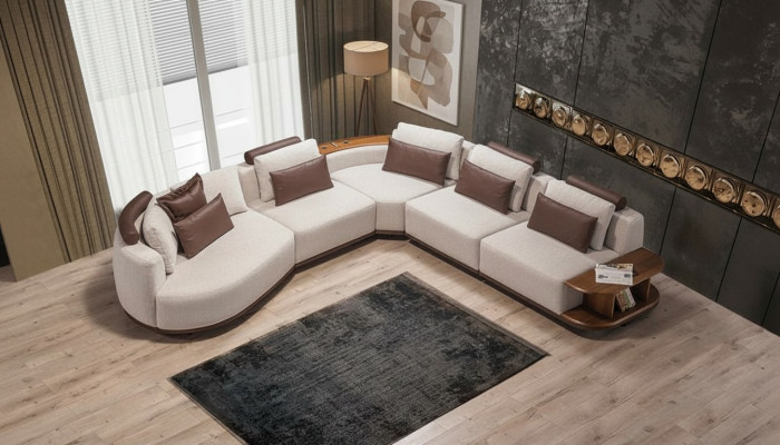 Weißes Ecksofa Designer Wohnzimmer L-Form Couch Polstermöbel Holzgestell
